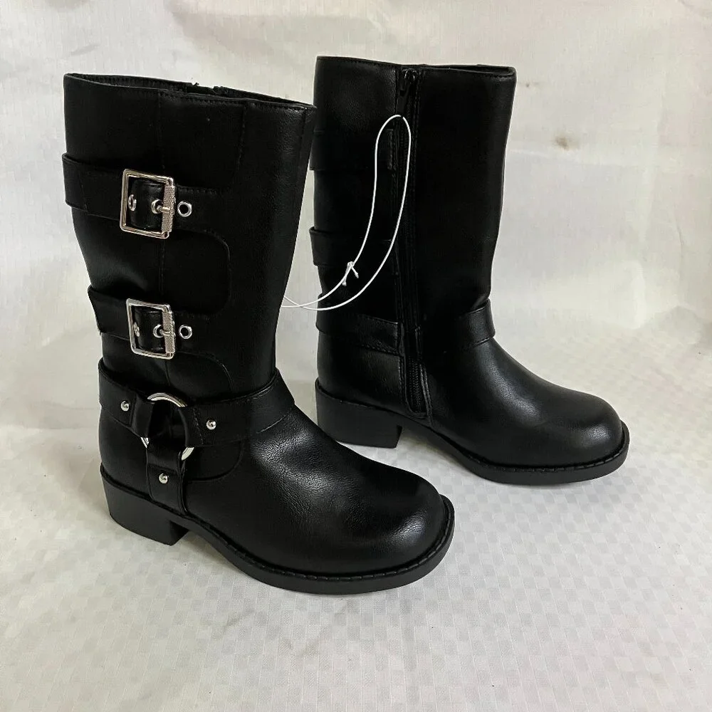 Art Class Kids' Girls 13 Black Dee Tall Buckle Boots Faux Leather Side Zipper